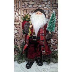 Tall Woodland Standing Santa Claus 18" with Bottle Brush Tree Present Sack